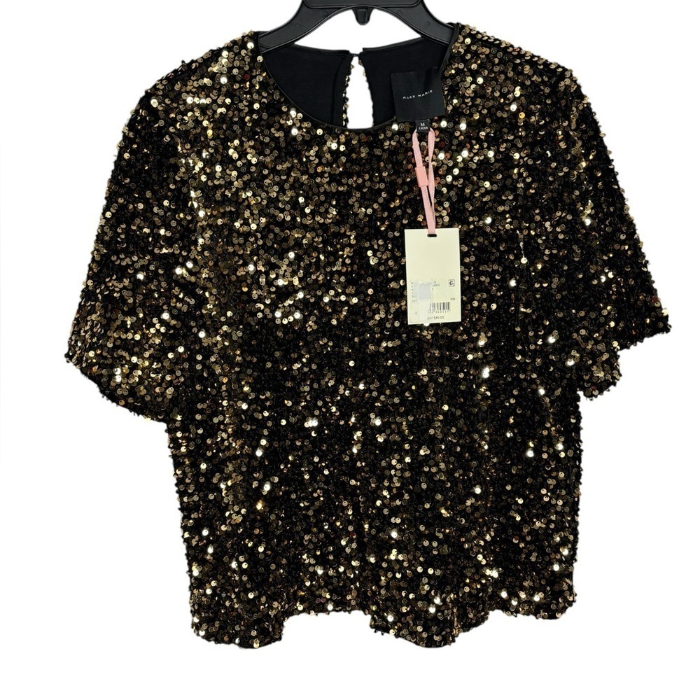 Alex Marie Party Lia Gold Sequins Embroidered Crew Neck Short Sleeve Blouse M - Picture 2 of 10